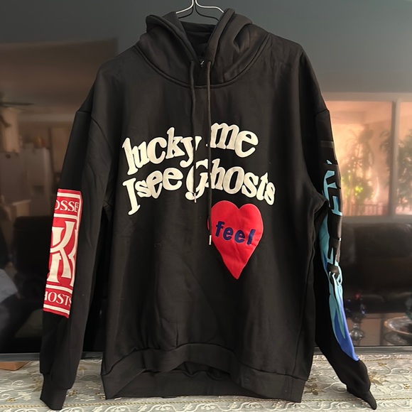 Black Graphic Hoodie with Red and Blue Accents - Picture 1 of 7